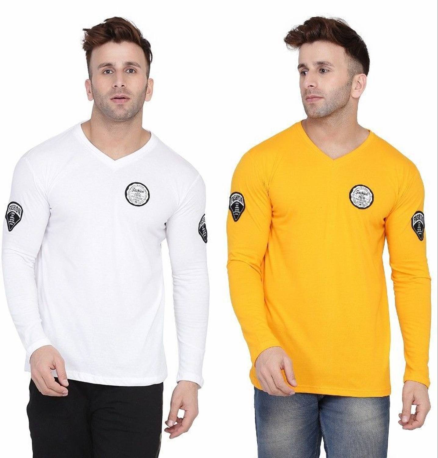 Teacherfab Solid Men V Neck White, Yellow T-Shirt