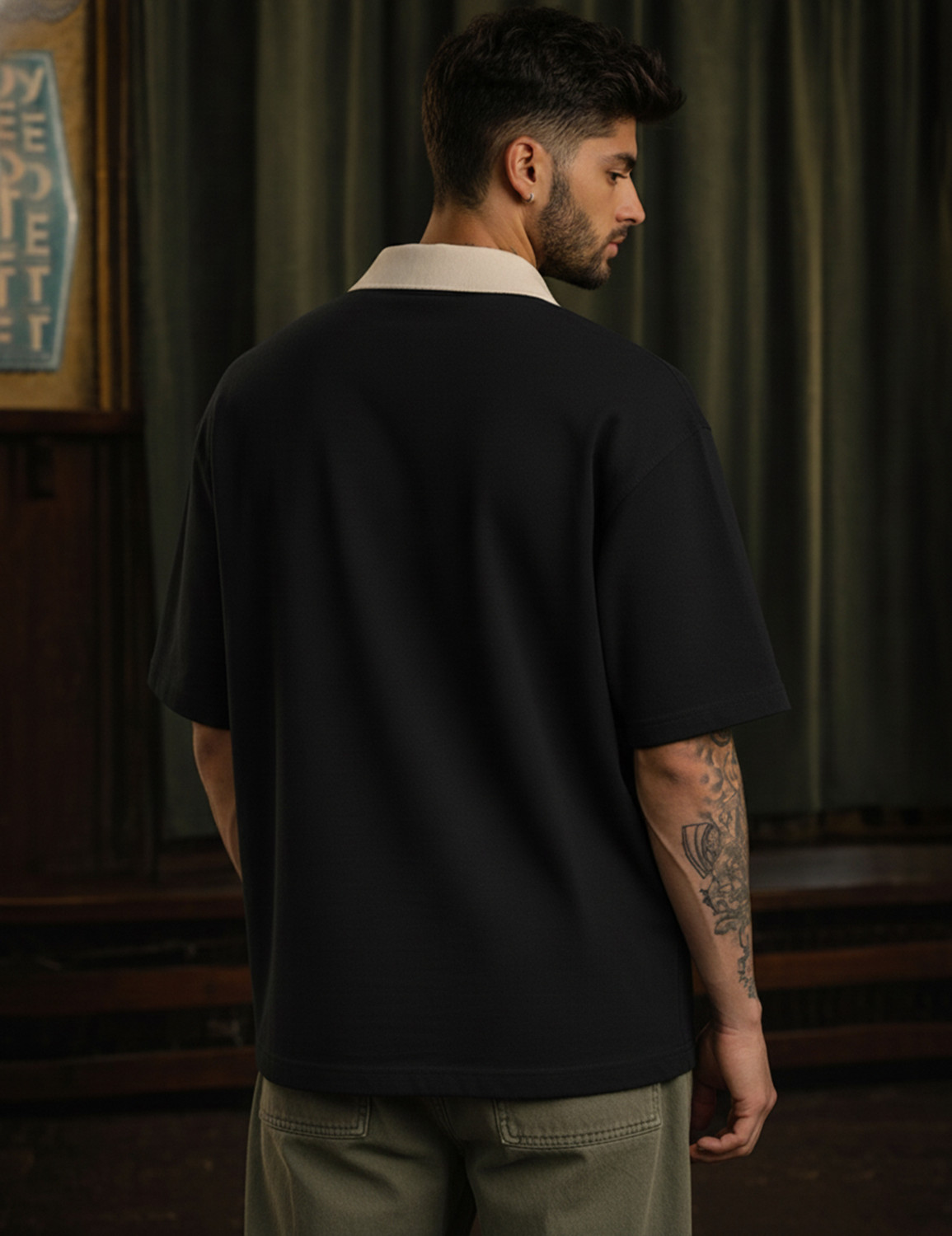 Image of Force Printed Men Zip Neck Reversible Black T-Shirt