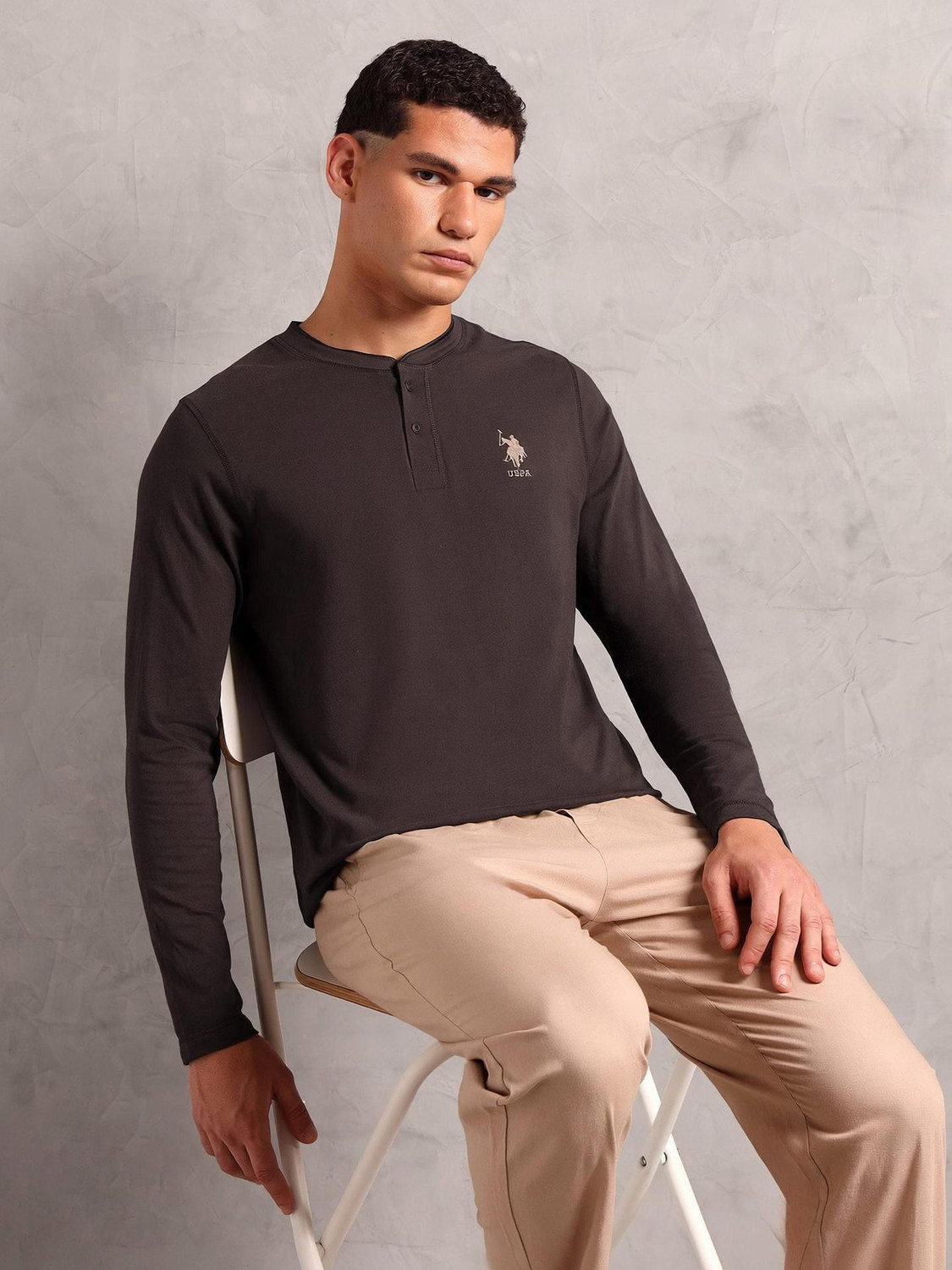 Image of U.S. POLO ASSN. Solid Men Henley Neck Brown T-Shirt