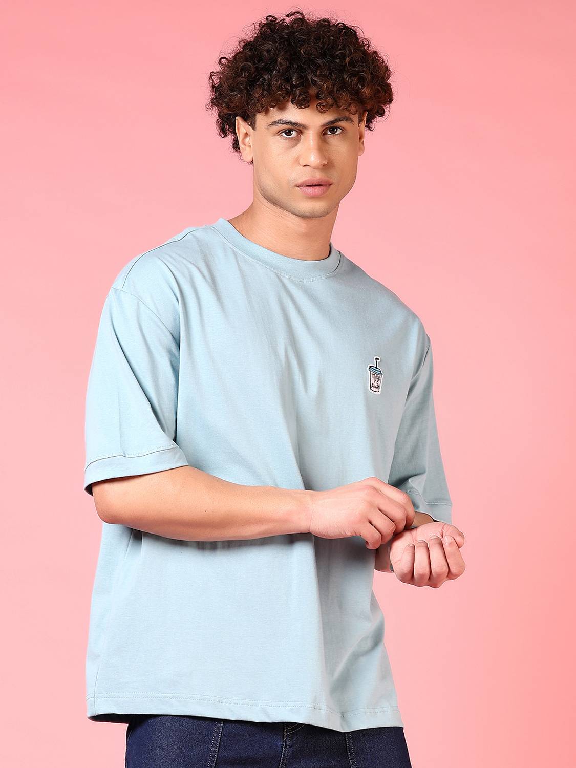 V-MART Men Light Blue Round Neck T-Shirt - Image 3