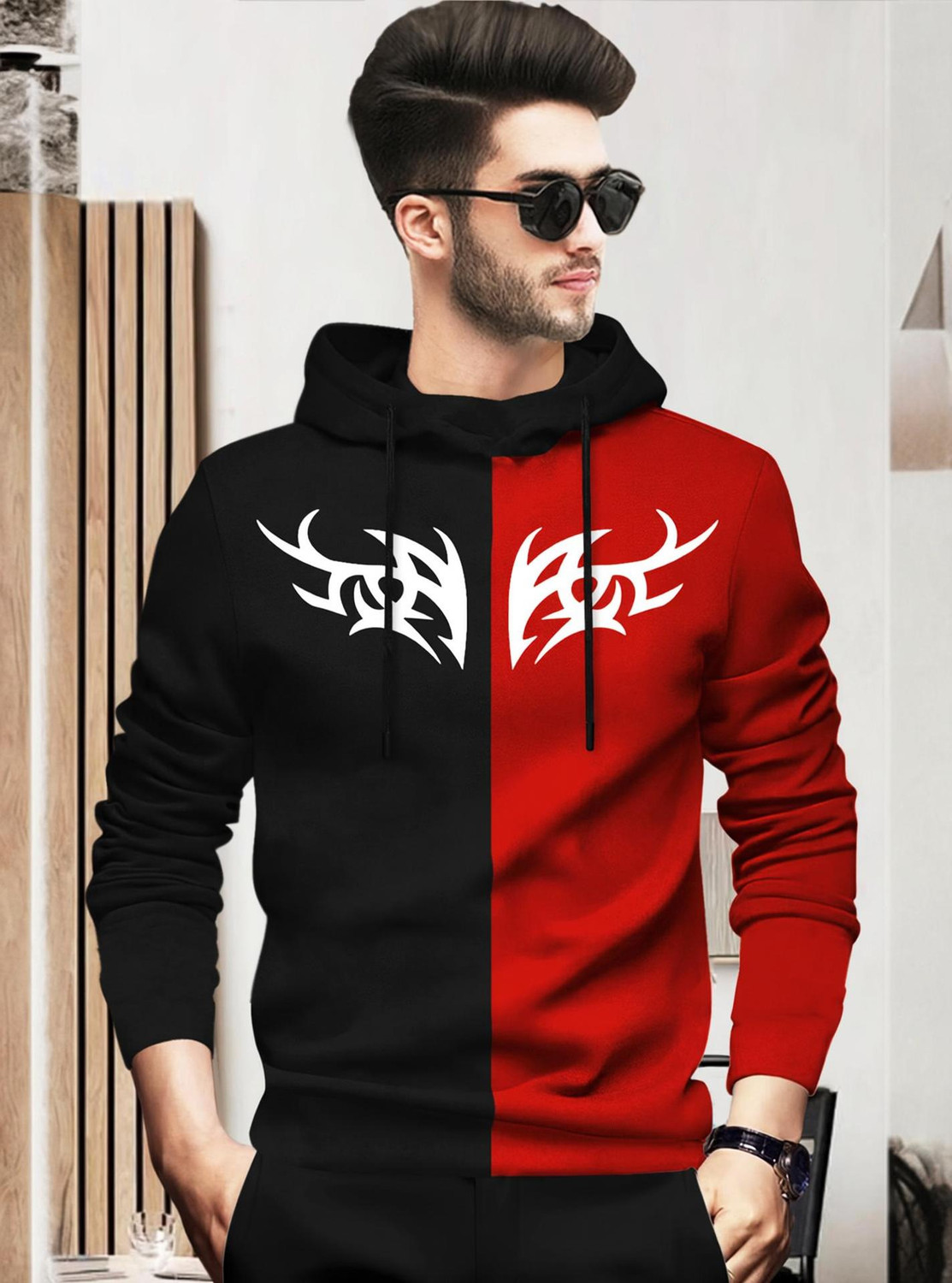 Image of BLIVE Printed Men Hooded Neck Black, Red T-Shirt