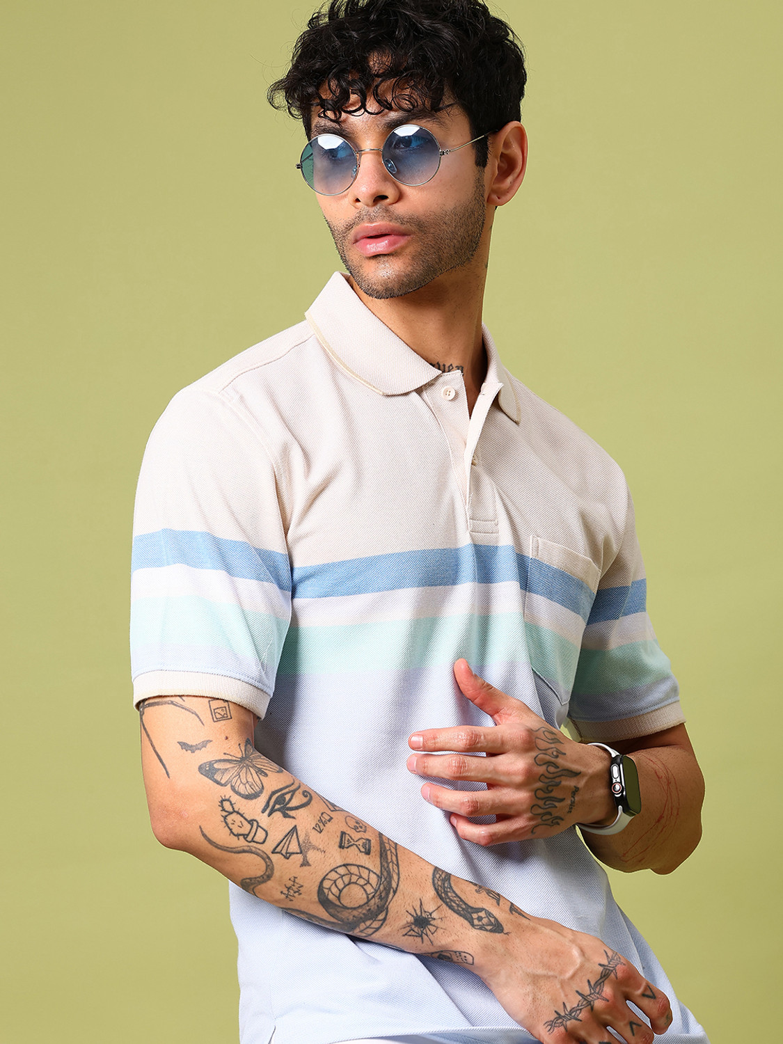 Image of V-MART Colorblock Men Polo Neck Light Blue T-Shirt