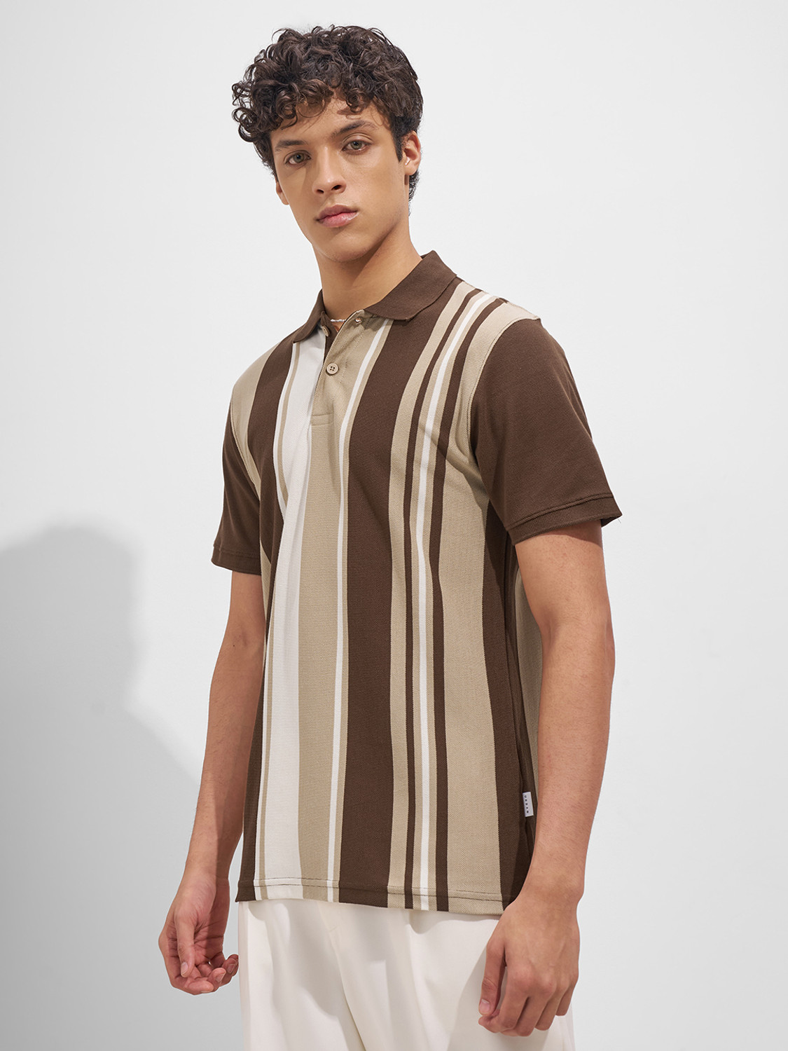 Image of HIGHLANDER Striped Men Polo Neck Brown T-Shirt