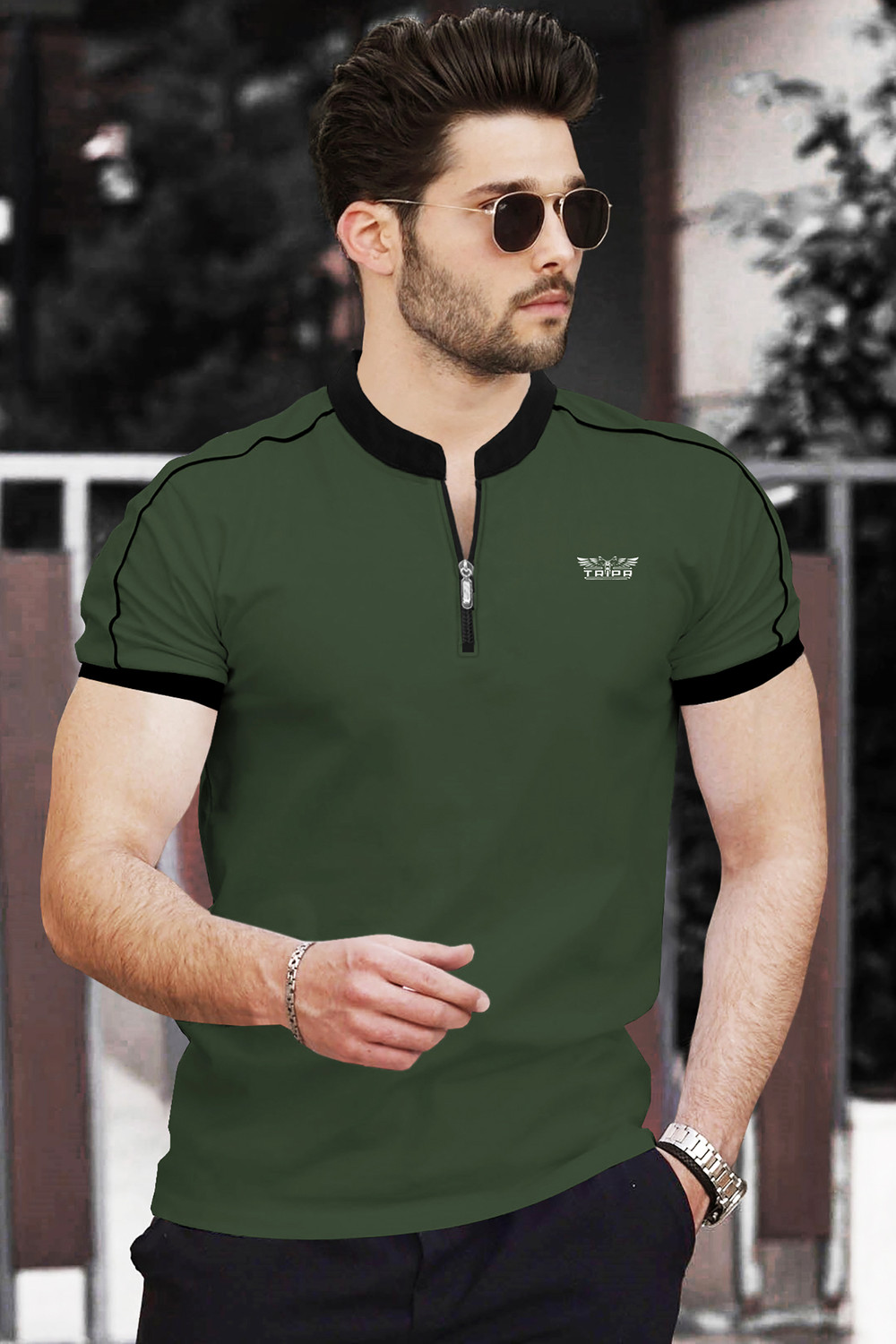 Image of TRIPR Solid Men Mandarin Collar Dark Green T-Shirt
