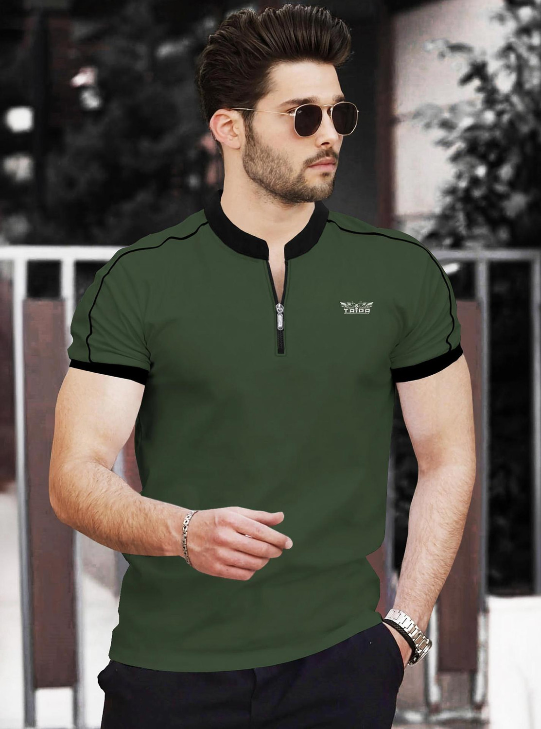 Image of TRIPR Solid Men Mandarin Collar Dark Green T-Shirt