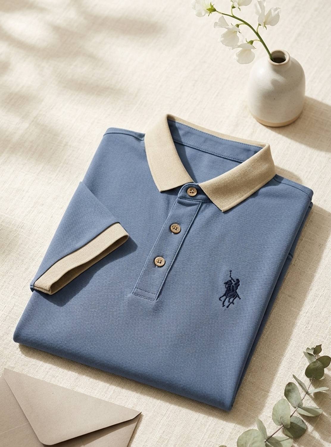 HouseOfShivay Embroidered Polo Neck Blue T-Shirt - Image 1