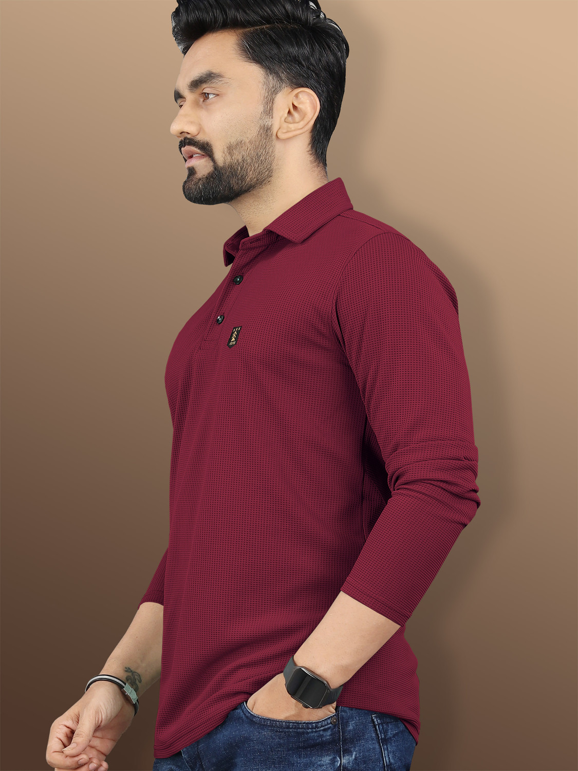 Image of VeBNoR Self Design Men Polo Neck Maroon T-Shirt
