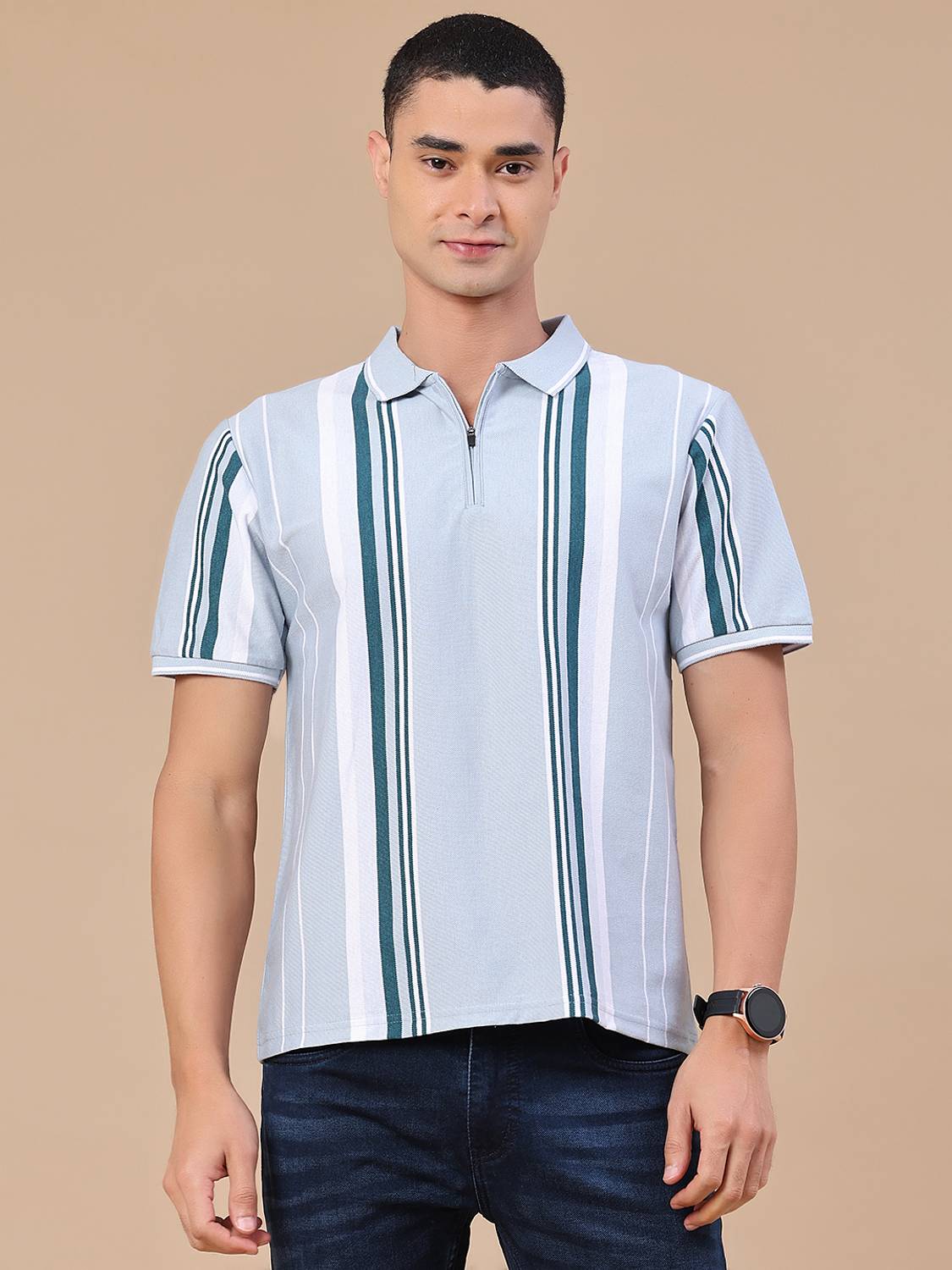 V-MART Striped Blue Polo Neck T-Shirt - Image 2