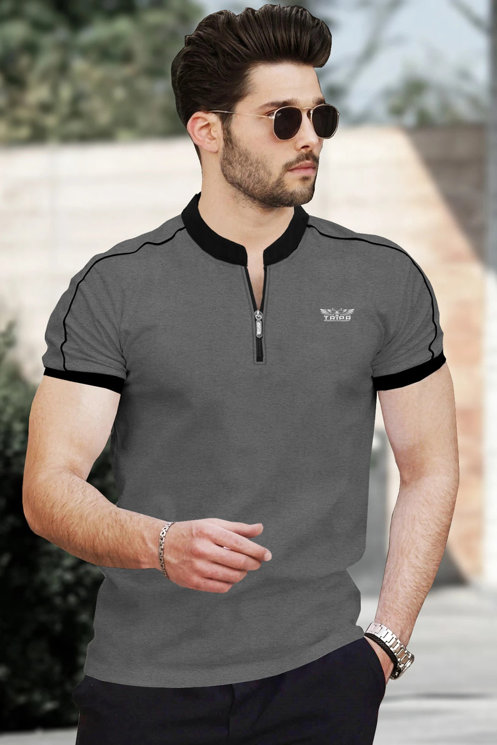 Image of TRIPR Solid Men Mandarin Collar Grey, Black T-Shirt