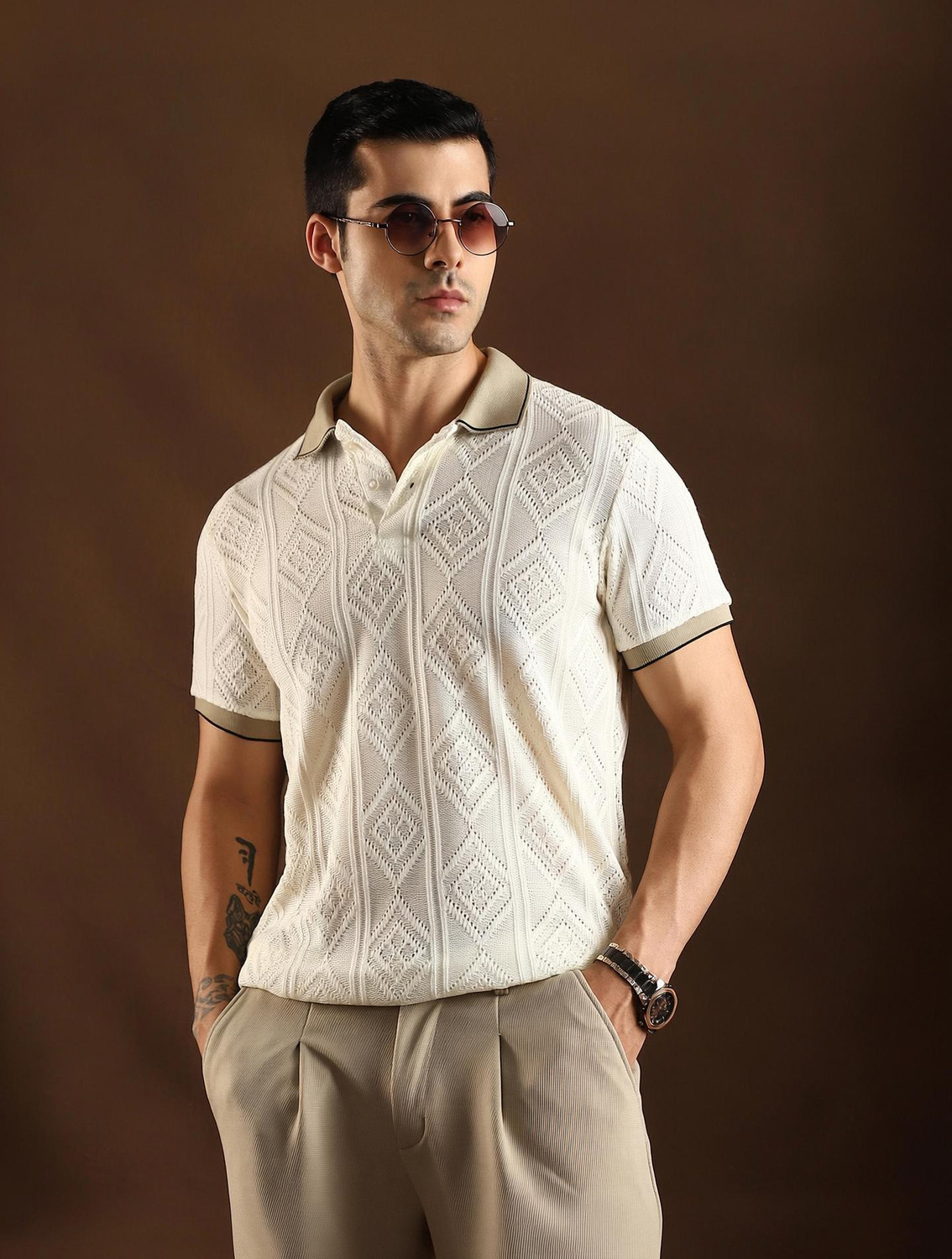 Image of CAMPUS SUTRA Self Design Men Polo Neck White T-Shirt