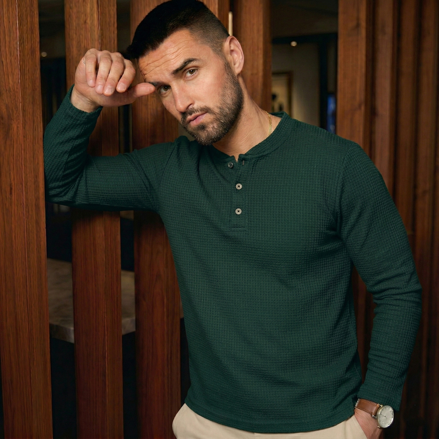Image of Try This Self Design Men Henley Neck Dark Green T-Shirt