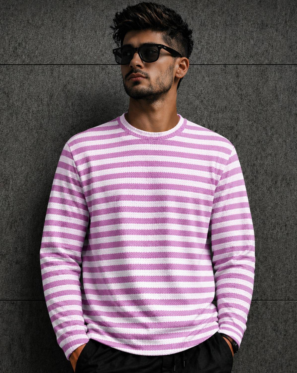 Force Men Striped Round Neck Polyester Pink T-Shirt