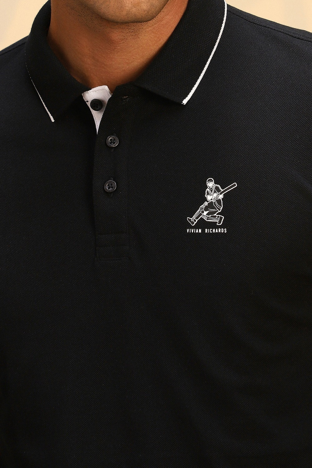 Image of PETER ENGLAND Men Self Design Polo Neck Pure Cotton Black T-Shirt