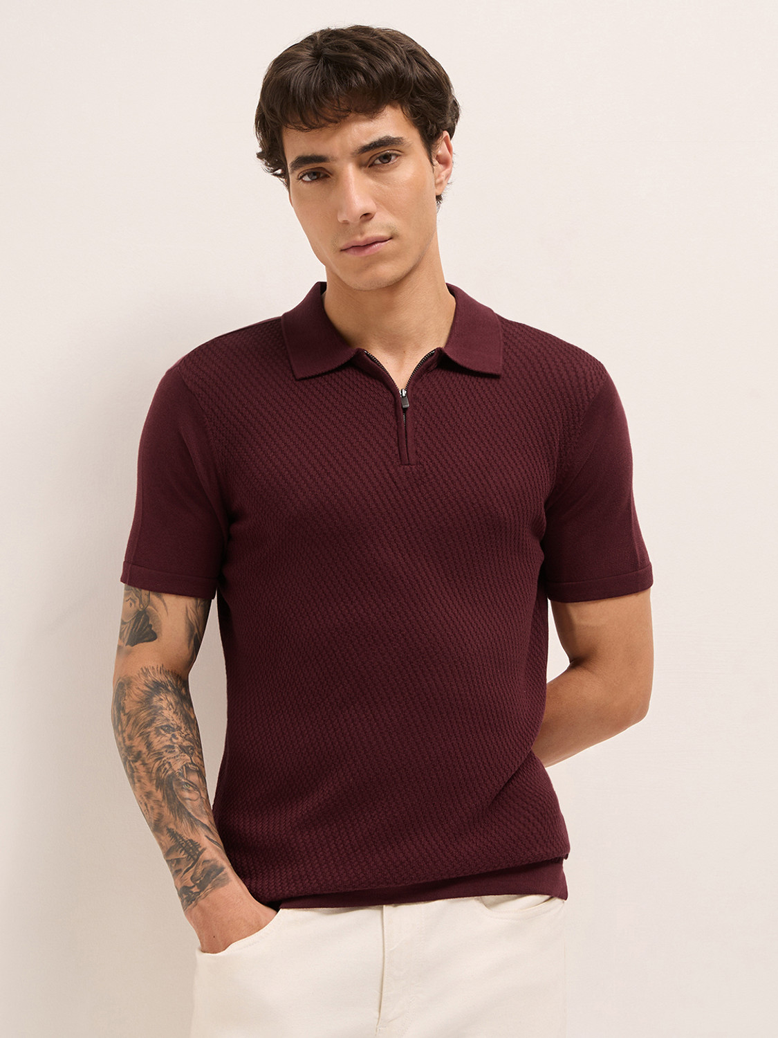 Image of THE BEAR HOUSE Self Design Men Polo Neck Maroon T-Shirt