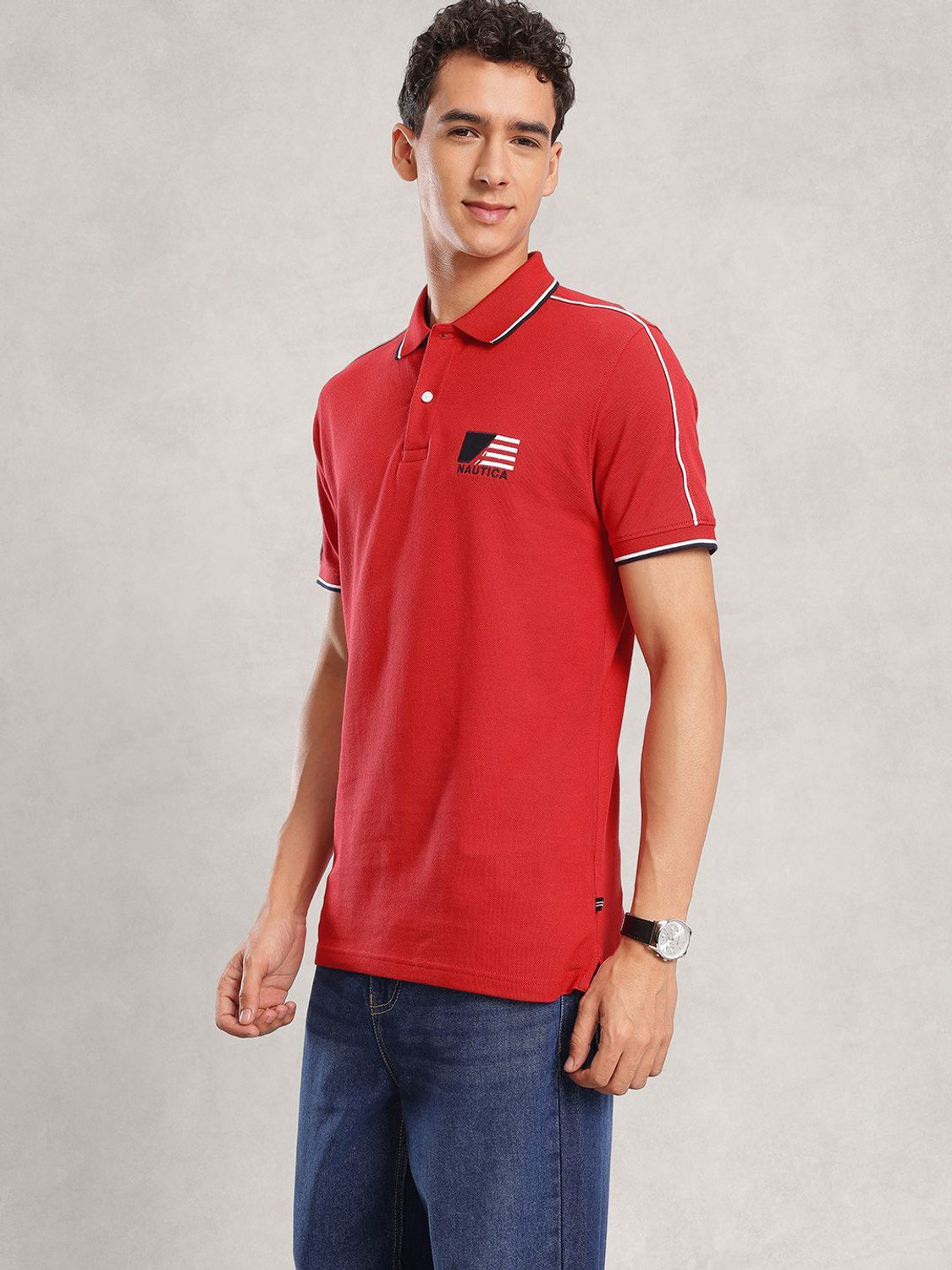 Image of NAUTICA Striped Men Polo Neck Red T-Shirt