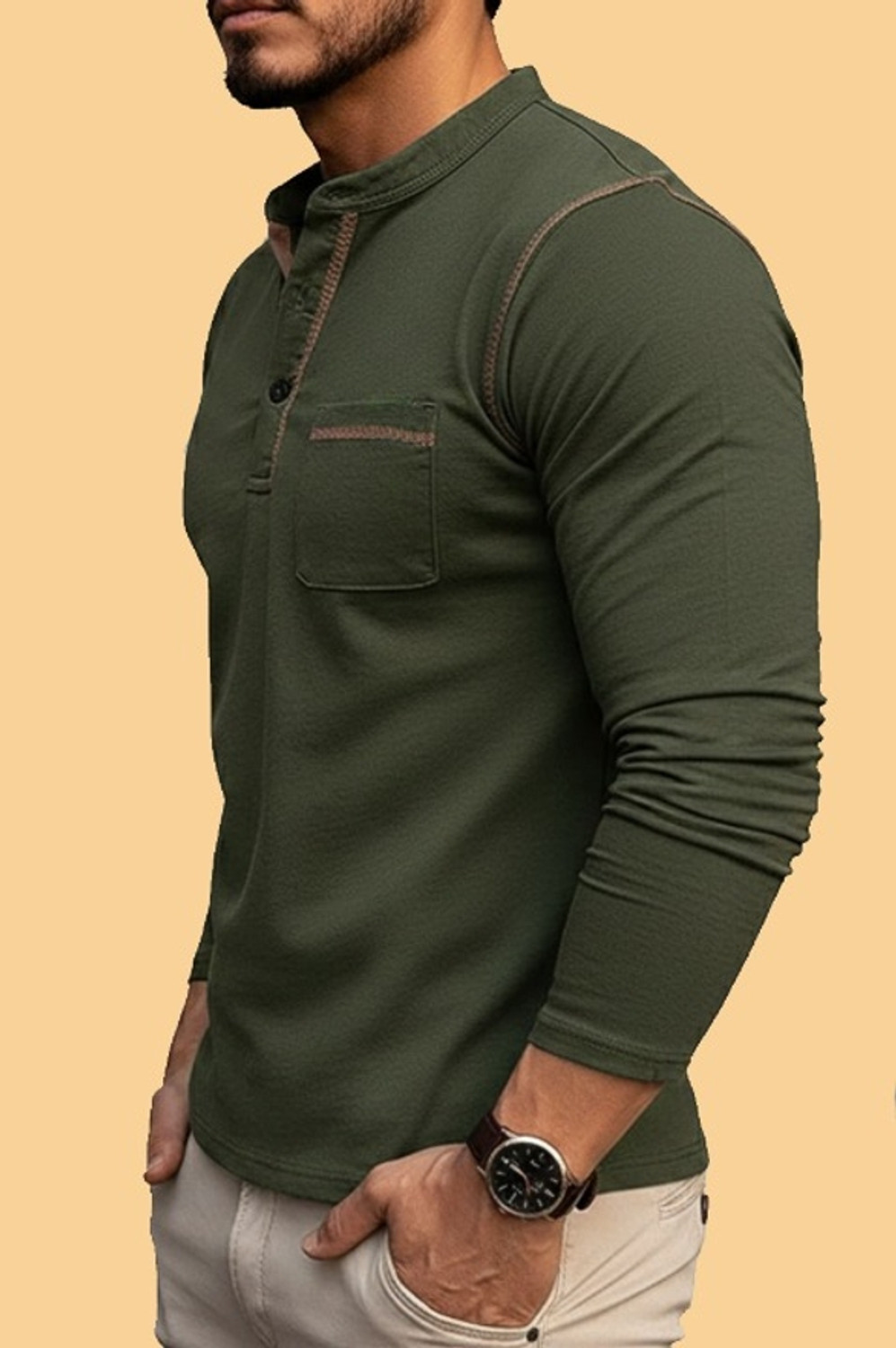 Image of Reya Solid Men Mandarin Collar Dark Green, Navy Blue T-Shirt