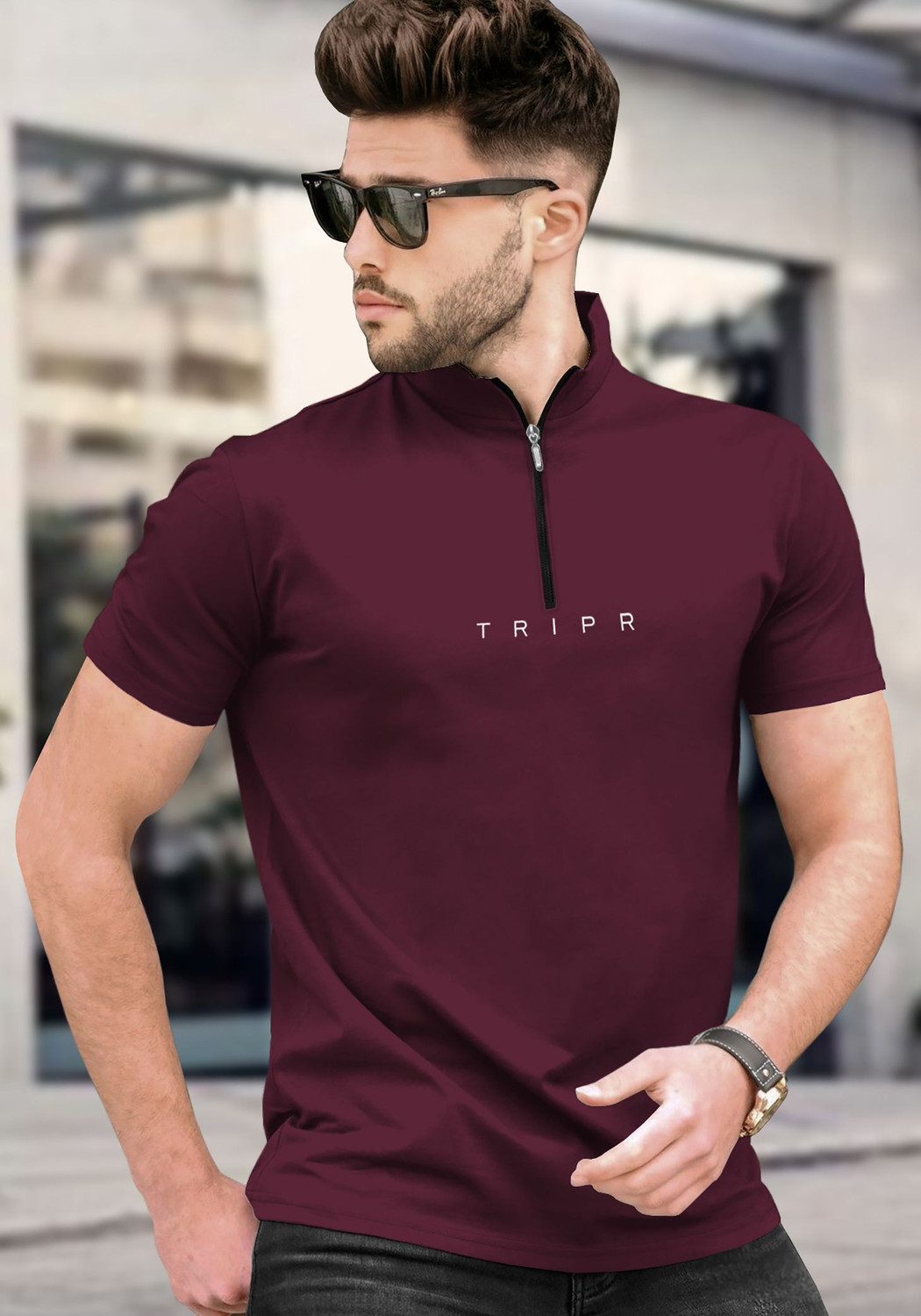 Image of TRIPR Solid Men Henley Neck Maroon T-Shirt