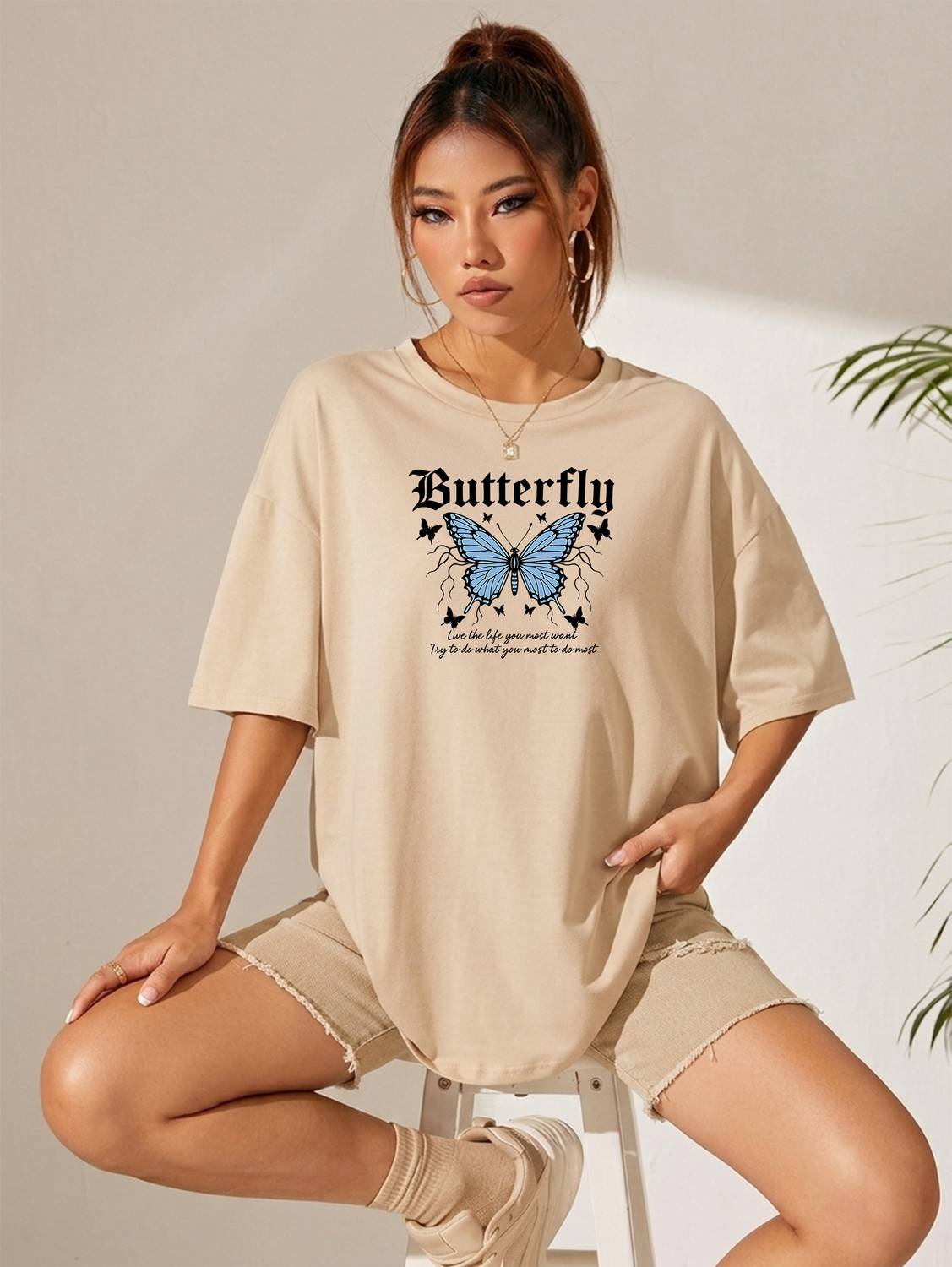 Adam White Graphic Print Women Round Neck Beige T-Shirt