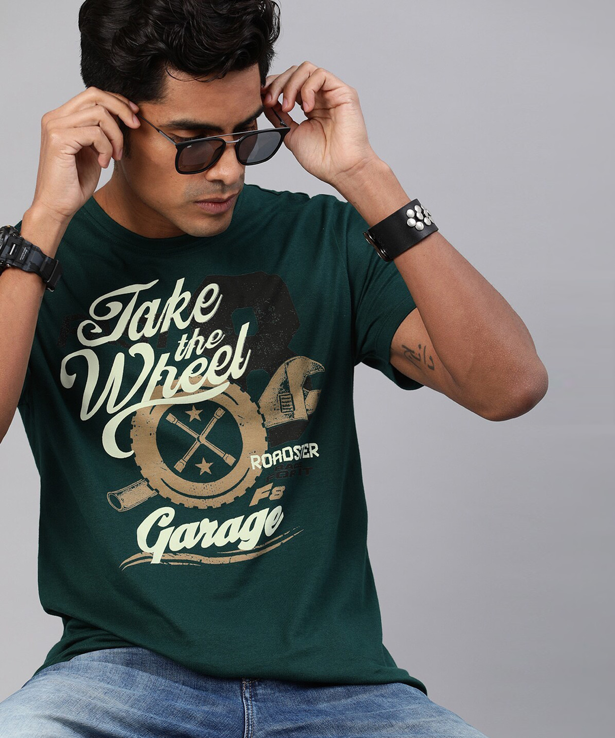 Image of Roadster Printed Men Round Neck Green T-Shirt