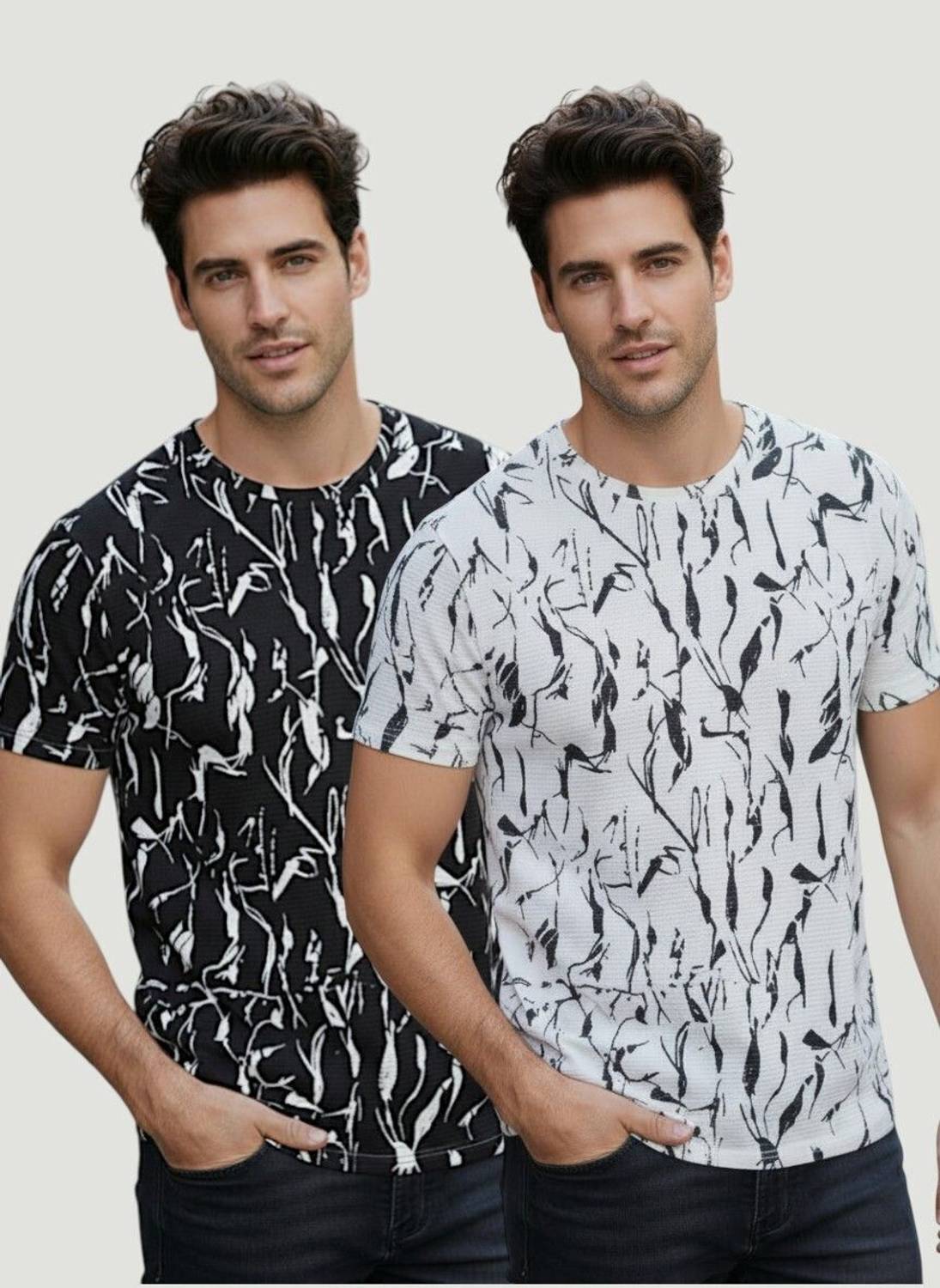 ADIXUS Abstract, Printed Men Round Neck Black, White T-Shirt