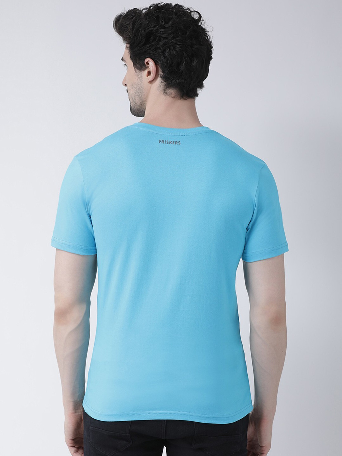 Image of FRISKERS Printed Men V Neck Light Blue T-Shirt