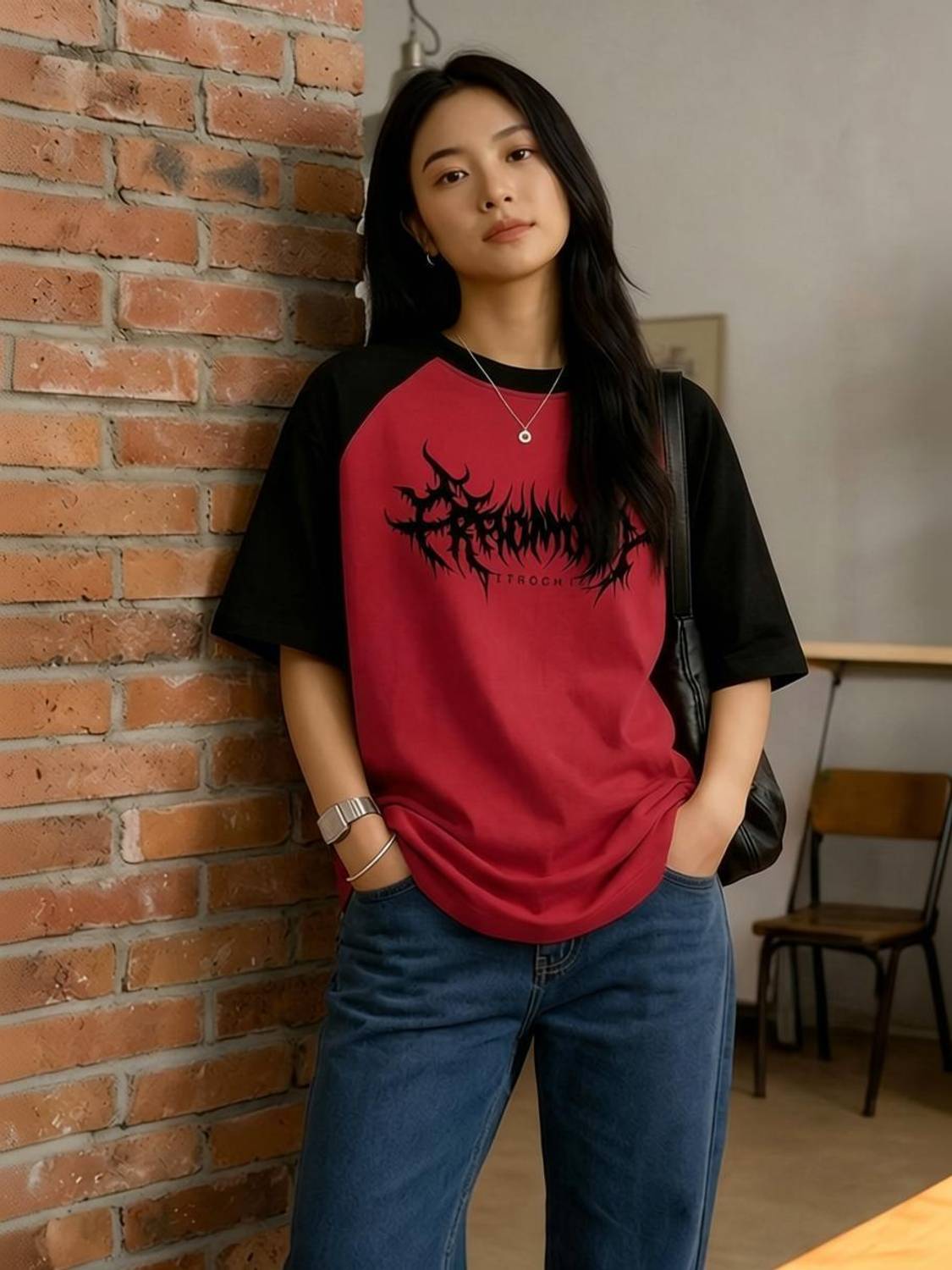 Thread Monk Colorblock Women Round Neck Red, Black T-Shirt