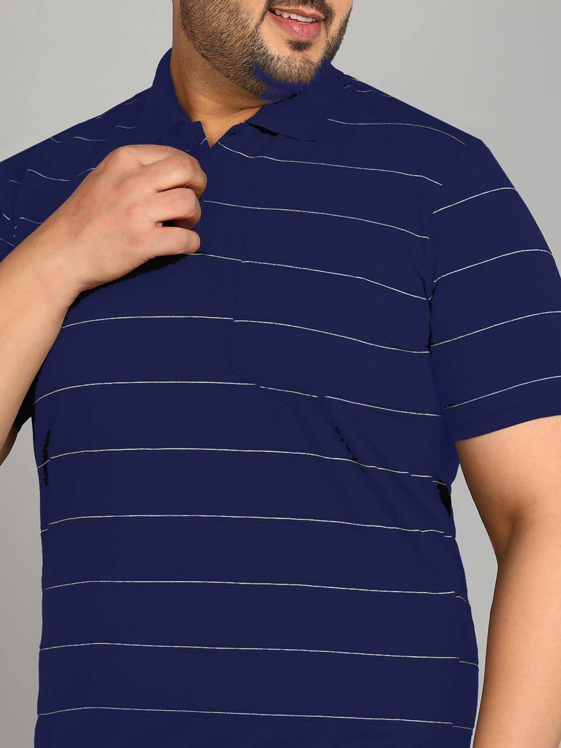 INKKR Men Striped Polo Neck Cotton Blend Navy Blue T-Shirt