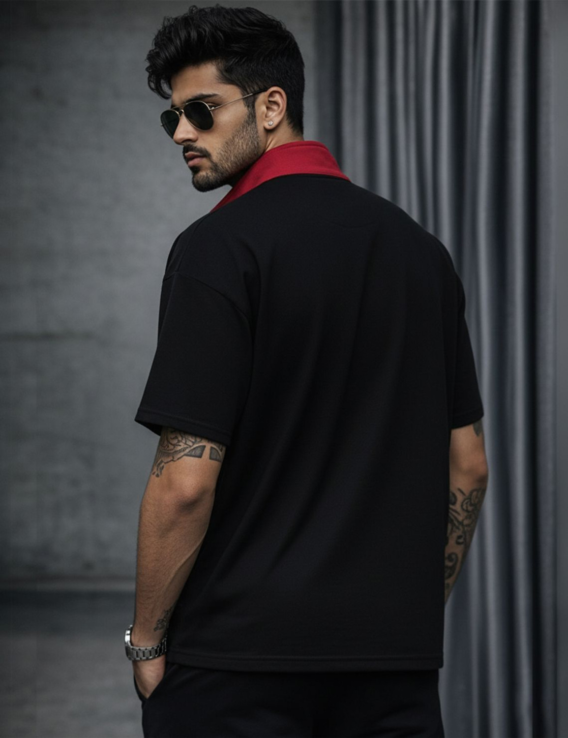 Image of Force Printed Men Zip Neck Black T-Shirt