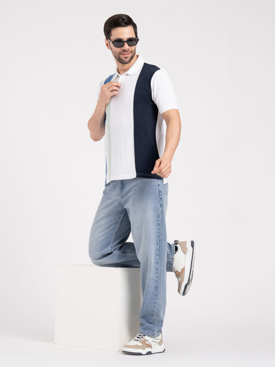 Image of RED TAPE Striped Men Polo Neck White T-Shirt