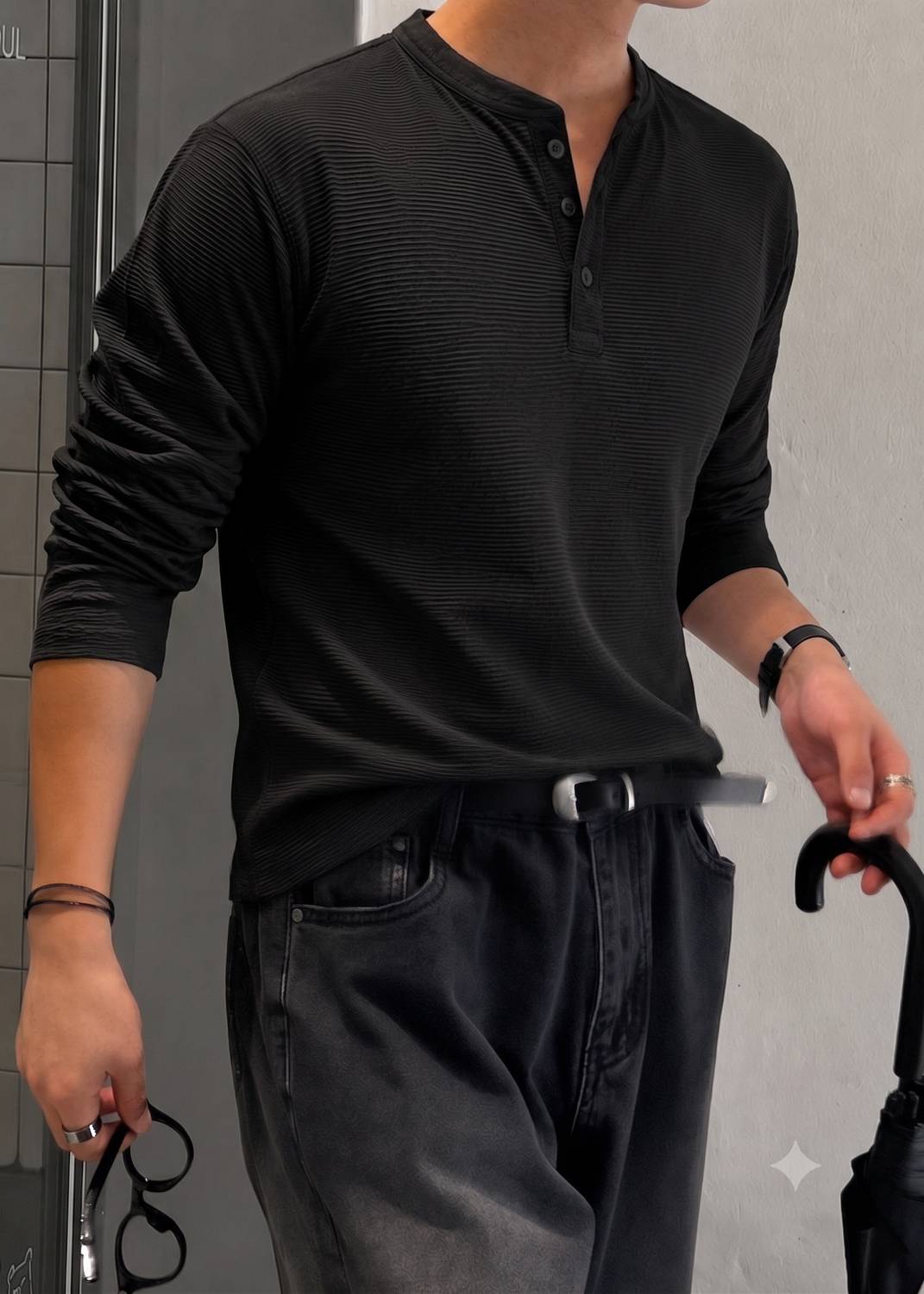 RABLY Men Black Henley Neck T-Shirt - Image 1