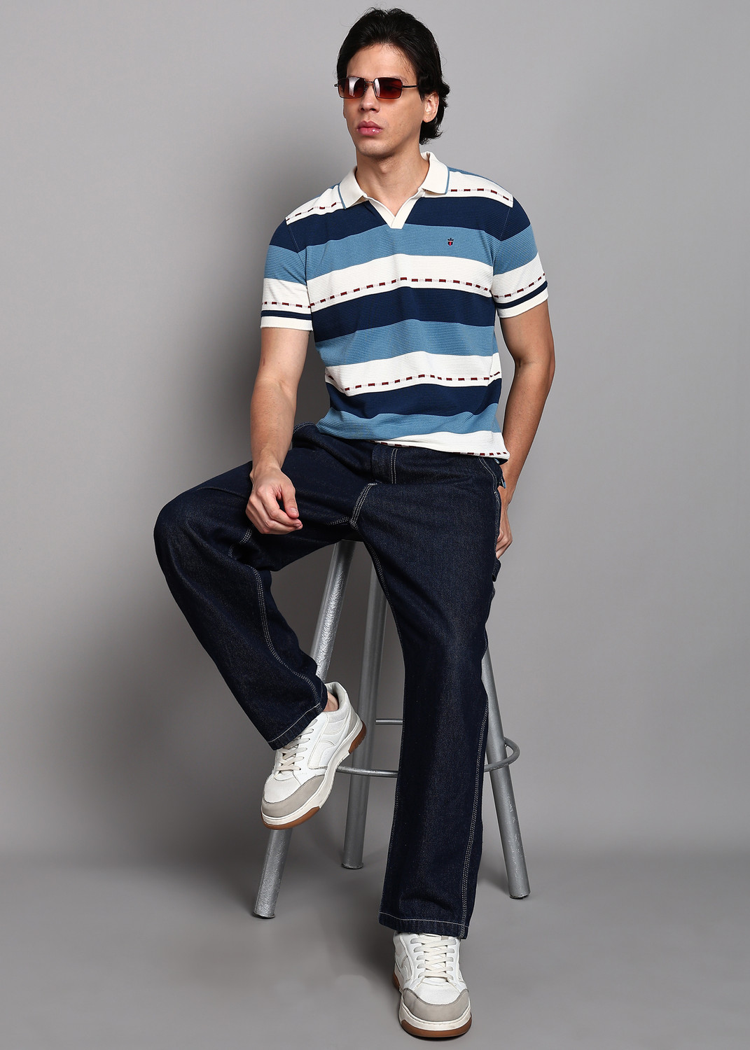Image of Louis Philippe Jeans Men Striped Polo Neck Polycotton Multicolor T-Shirt
