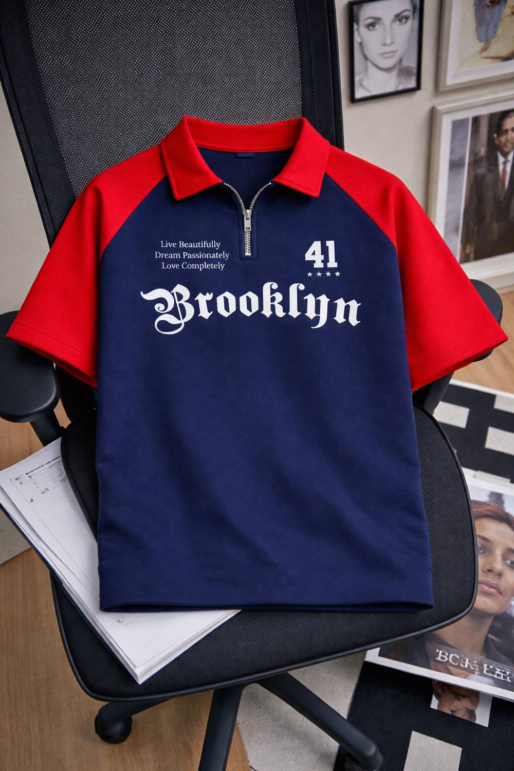 Conway Men Typography Zip Neck Cotton Blend Blue, Red T-Shirt