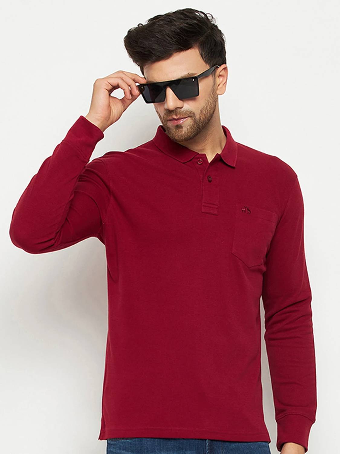 98 Degree North Solid Men Polo Neck Maroon T-Shirt