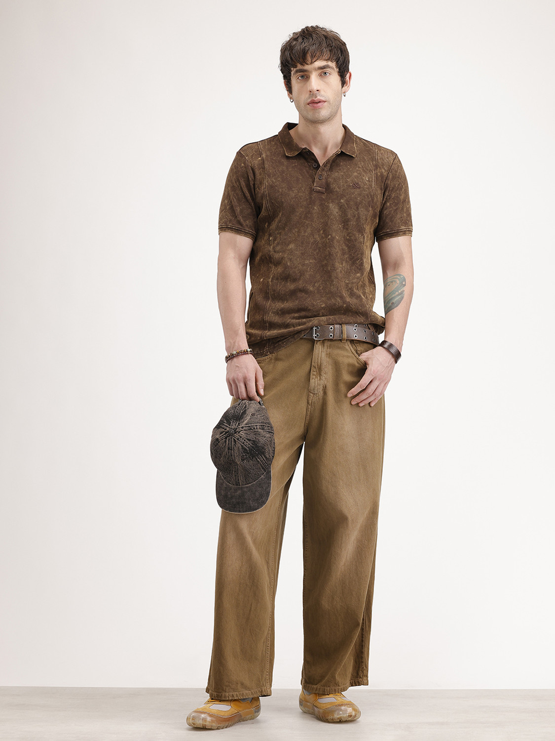 Image of WROGN Washed Men Polo Neck Brown T-Shirt