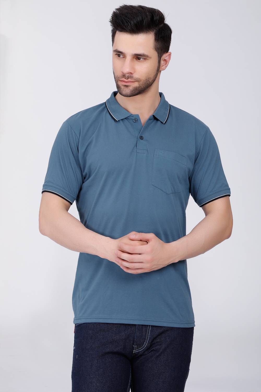 ARRAY Solid Men Polo Neck Blue T-Shirt