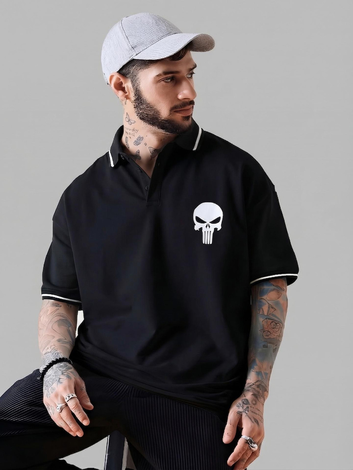Image of Dattebayo Printed Men Polo Neck Black T-Shirt