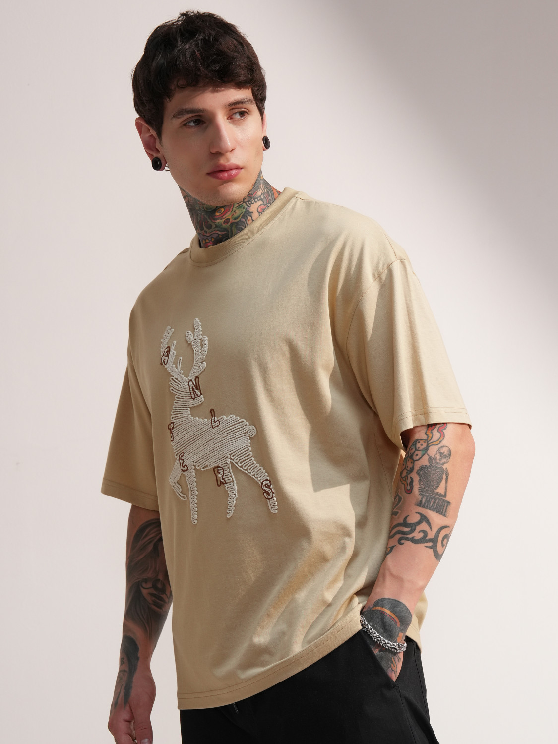 Image of HIGHLANDER Self Design Men Round Neck Beige T-Shirt