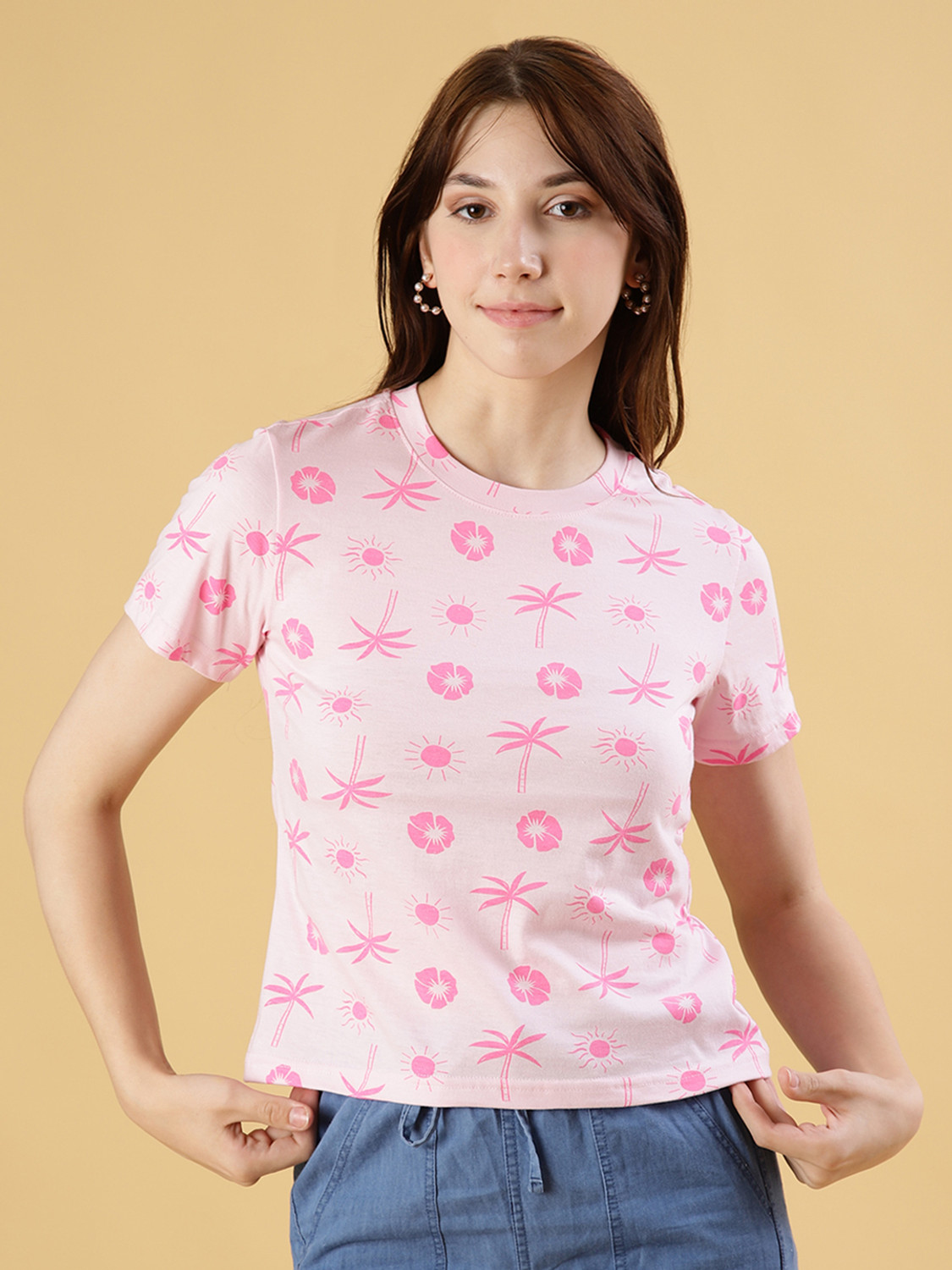 Image of V-MART Printed Women Round Neck Pink T-Shirt