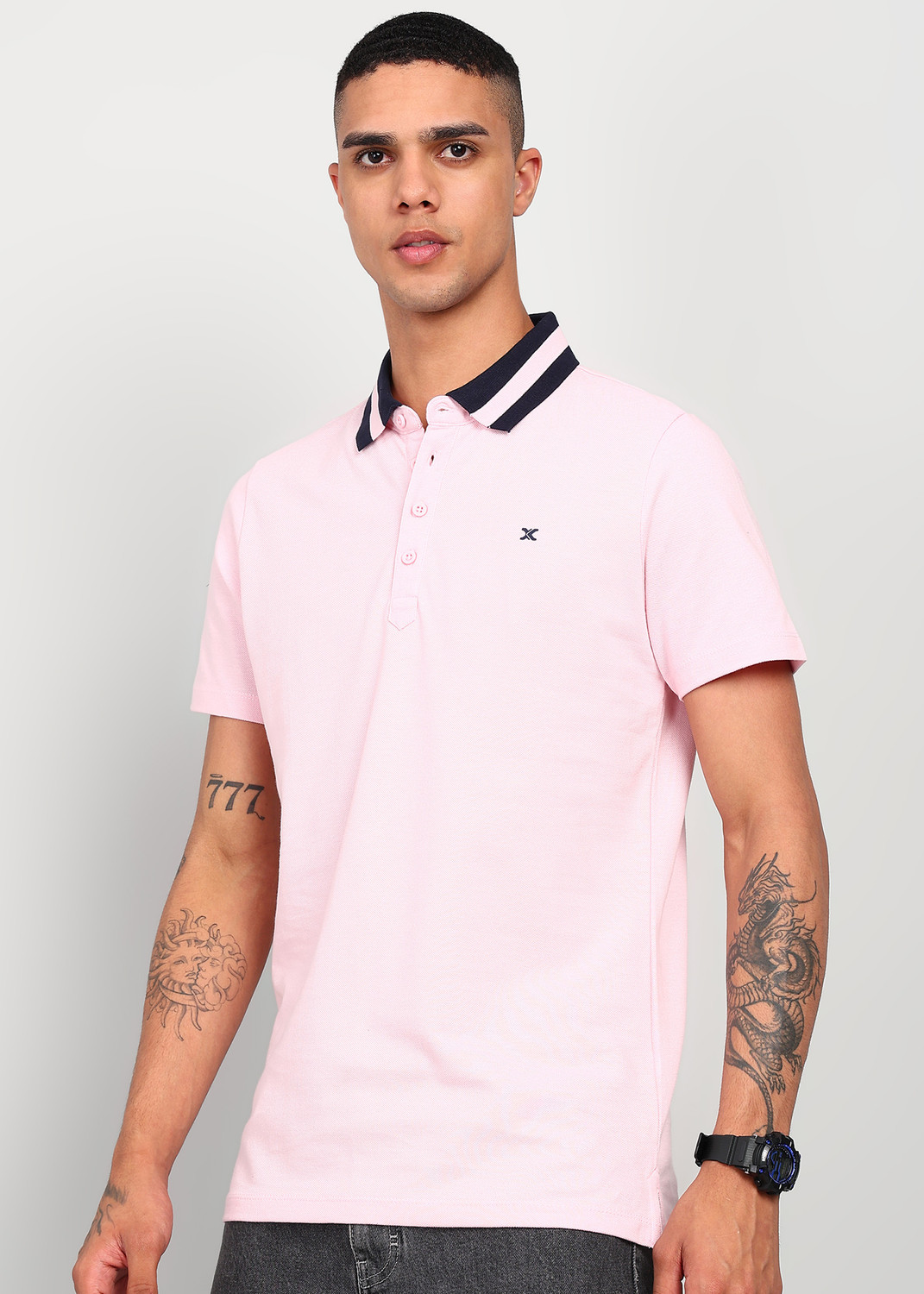Image of KILLER Solid Men Polo Neck Pink T-Shirt
