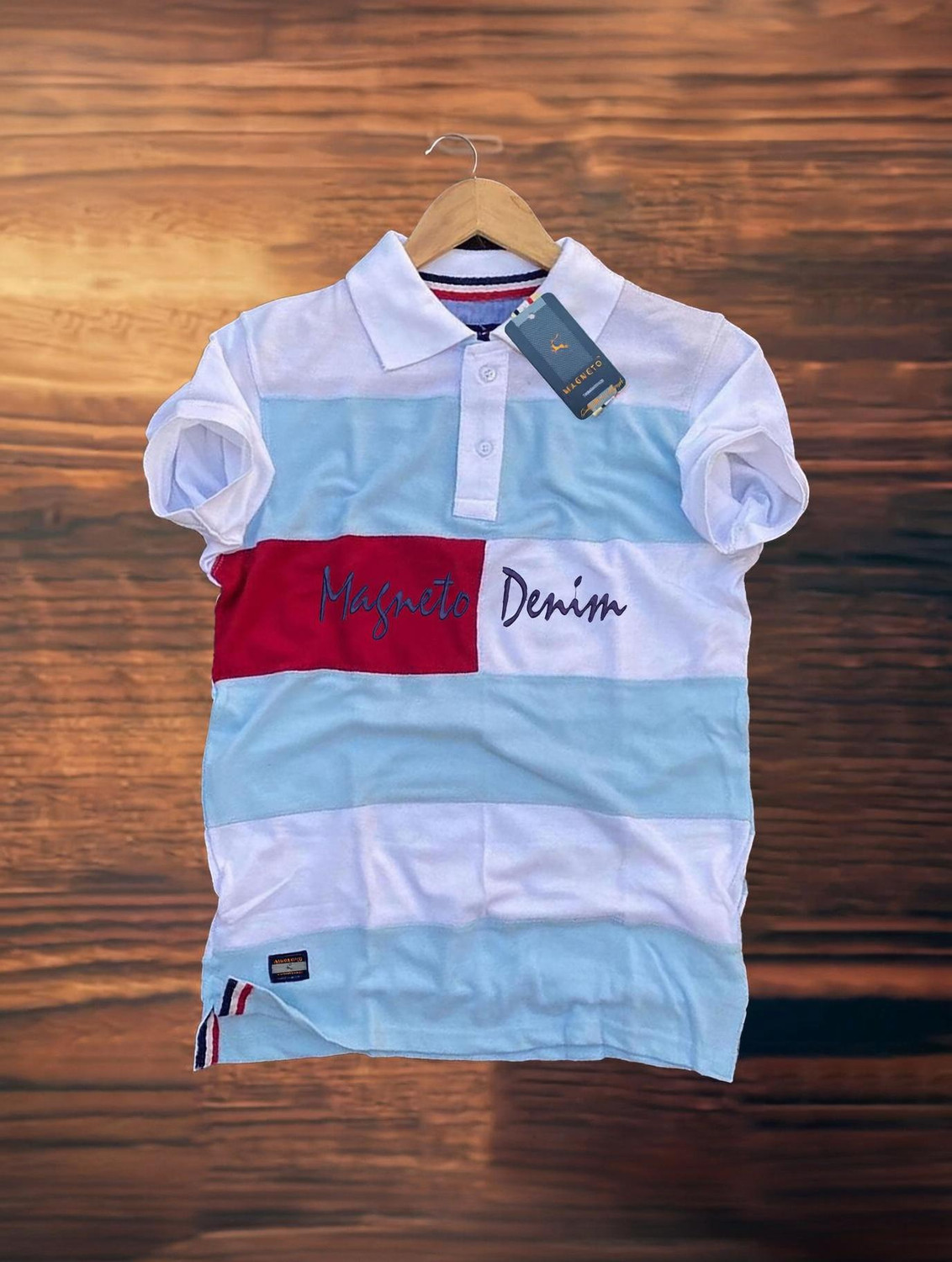 Image of Magneto Striped Men Polo Neck White T-Shirt