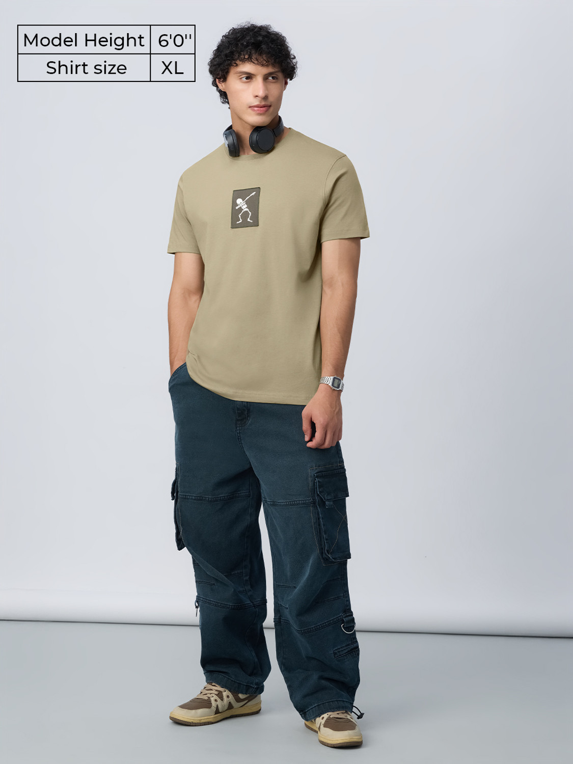 Image of The Souled Store Embroidered Men Round Neck Beige T-Shirt