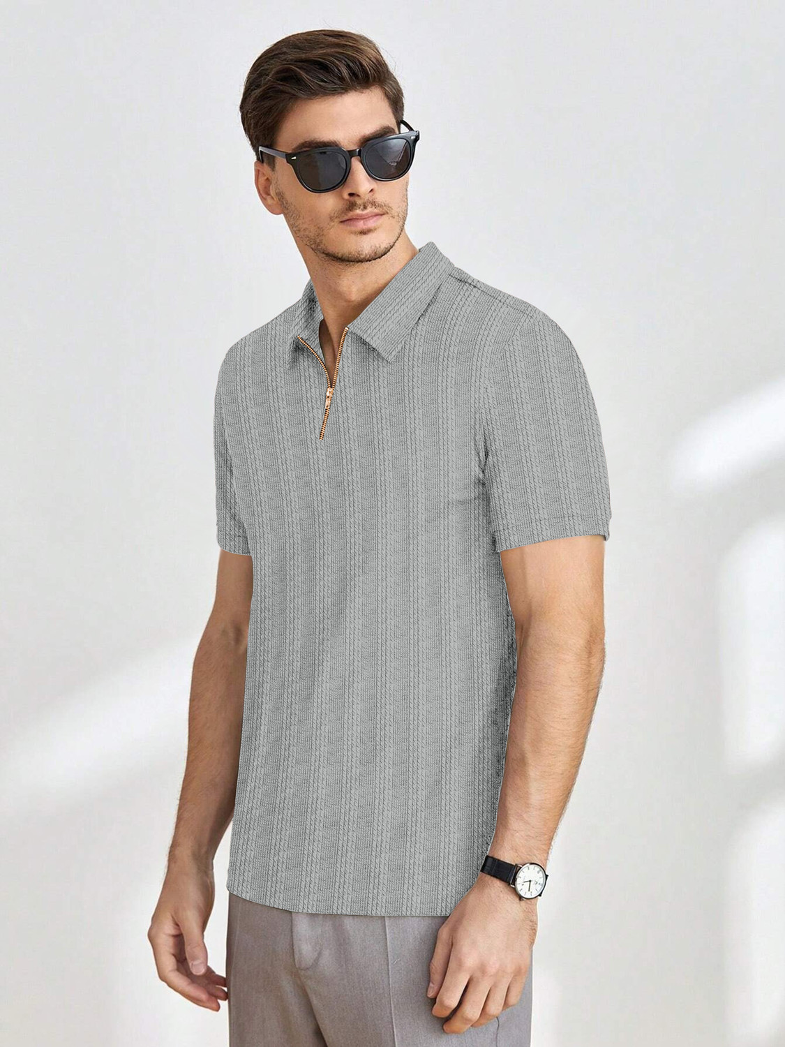 Image of COMBRAIDED Striped Men Zip Neck Brown T-Shirt