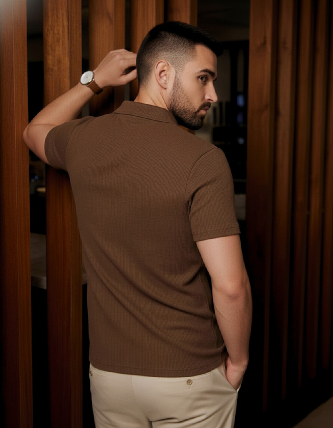 Image of Try This Typography Men Polo Neck Brown T-Shirt