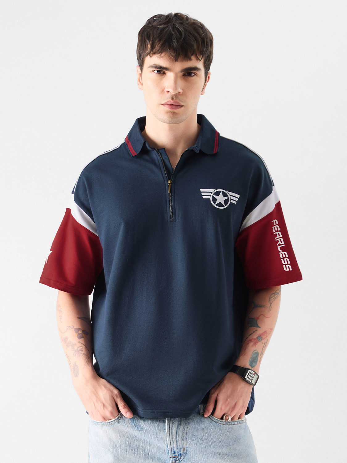 Image of The Souled Store Graphic Print Men Polo Neck Navy Blue T-Shirt