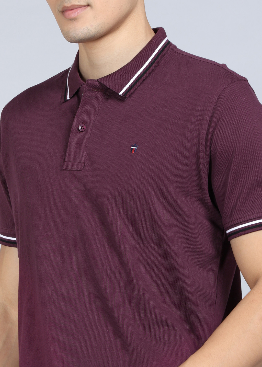 Image of Louis Philippe Sport Slim Fit Casual Men Solid Polo Neck Pure Cotton Purple T-Shirt