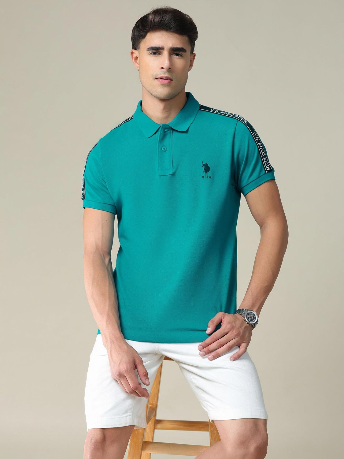 Image of U.S. POLO ASSN. Solid Men Polo Neck Blue T-Shirt