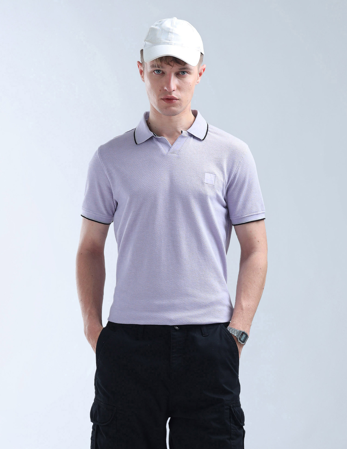 Image of FLYING MACHINE Self Design Men Polo Neck Purple T-Shirt