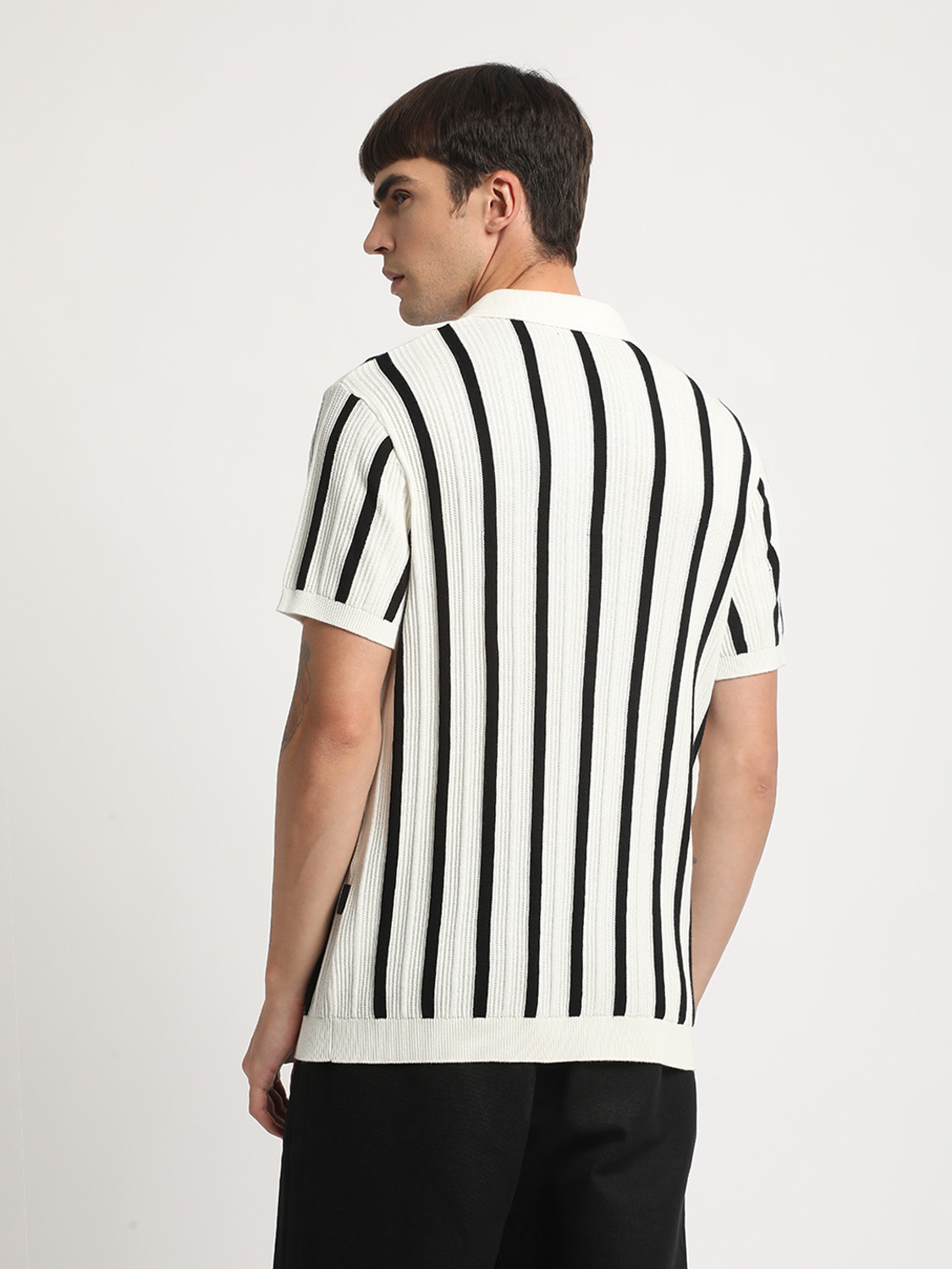 Image of THE BEAR HOUSE Striped Men Polo Neck White T-Shirt
