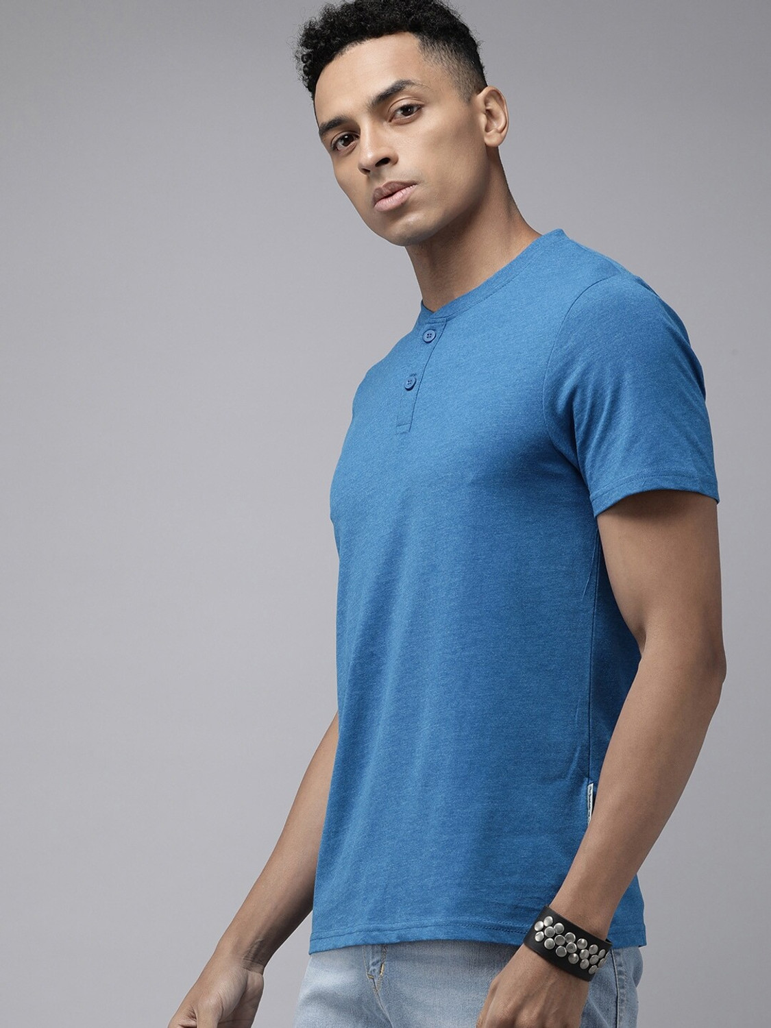 Image of Roadster Solid Men Henley Neck Blue T-Shirt