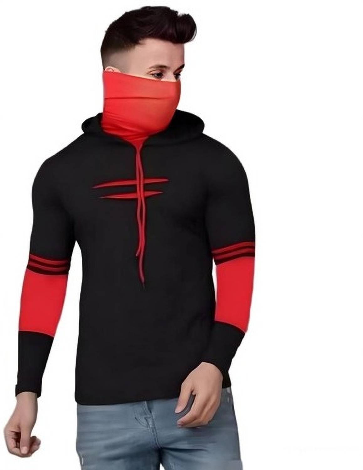 URE Enterprises Men Colorblock Hooded Neck Cotton Blend Black T-S